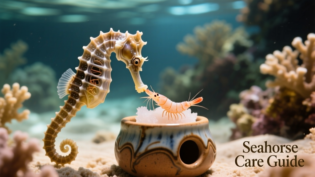 Close-up of a seahorse feeding from a small ceramic feeding station filled with frozen mysis shrimp