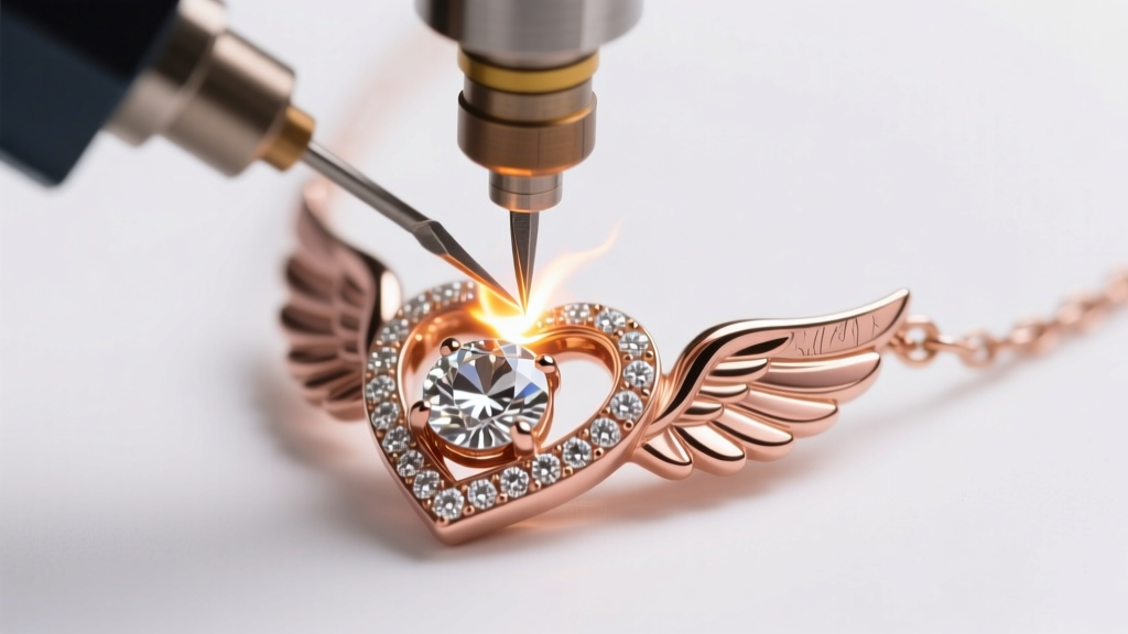 Macro shot of a laser welder repairing a broken bail on a delicate rose gold angel wing heart necklace featuring pave diamonds.
