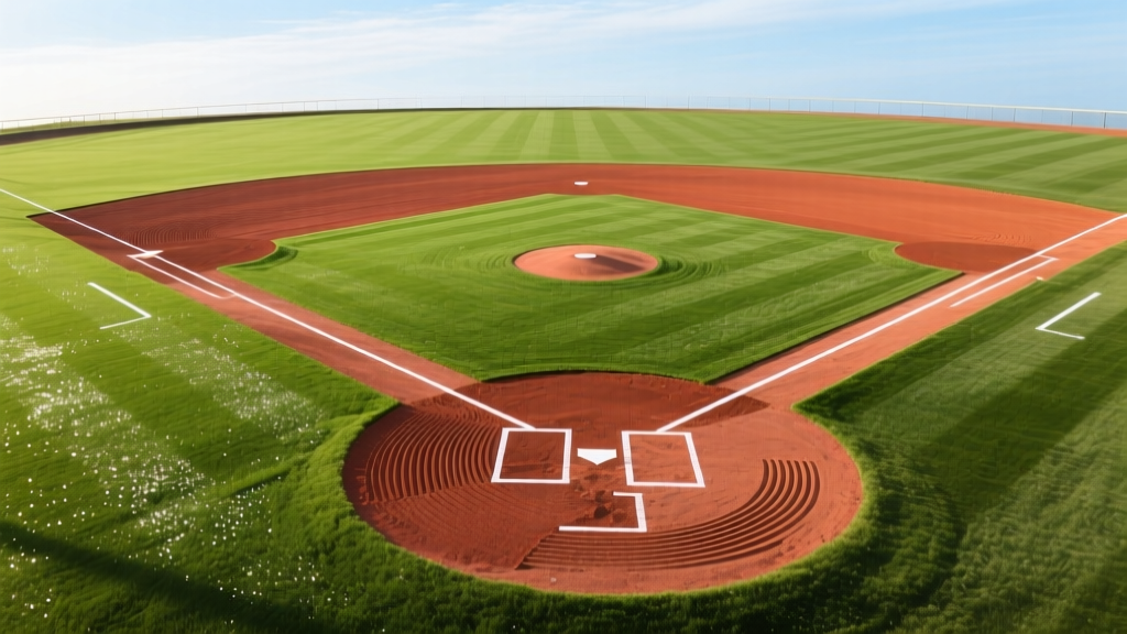 Aerial view of a newly graded youth baseball diamond with reddish-brown clay infield and fresh green sod being laid in the outfield