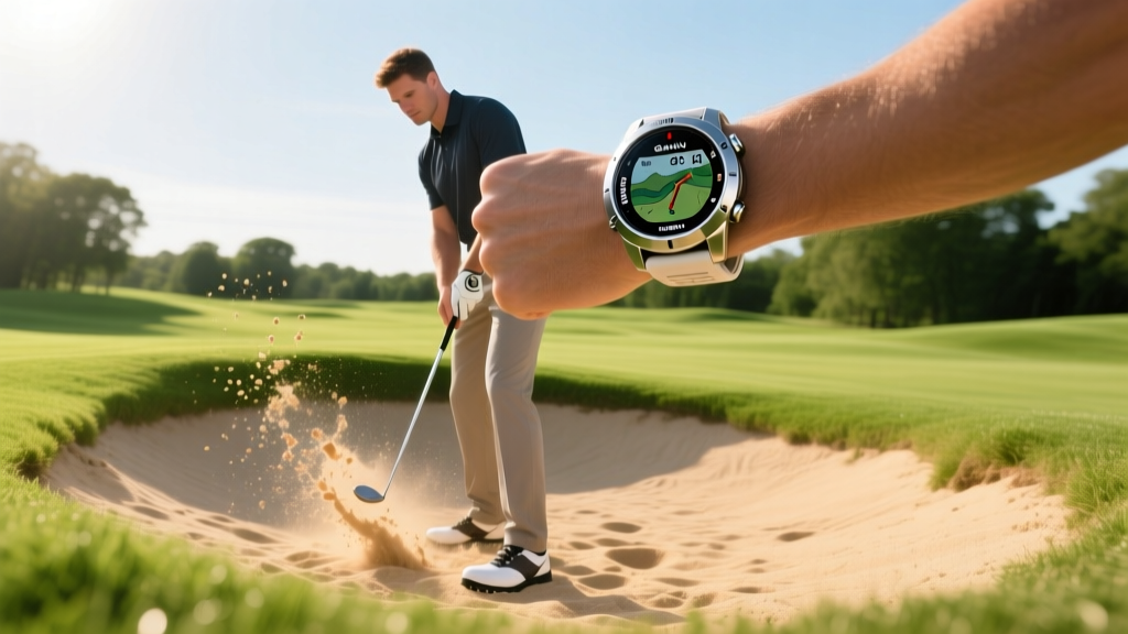 Golfer checking a Garmin Approach S76 GPS watch while standing in a fairway bunker with sand splashing around his golf shoes.