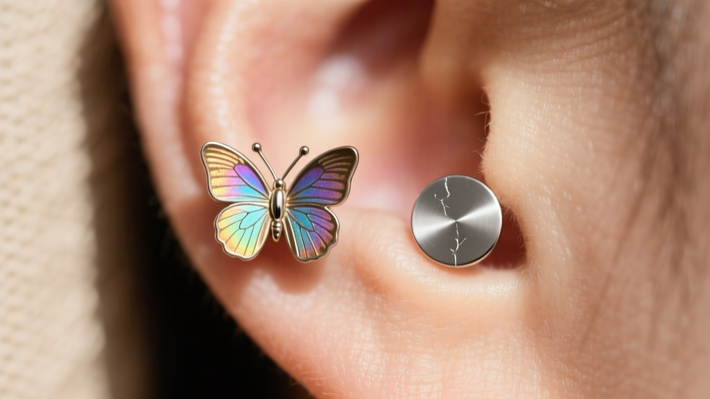 Macro photography comparing a standard butterfly earring back protruding 8mm against a 2mm titanium flat disc back on a lobe.