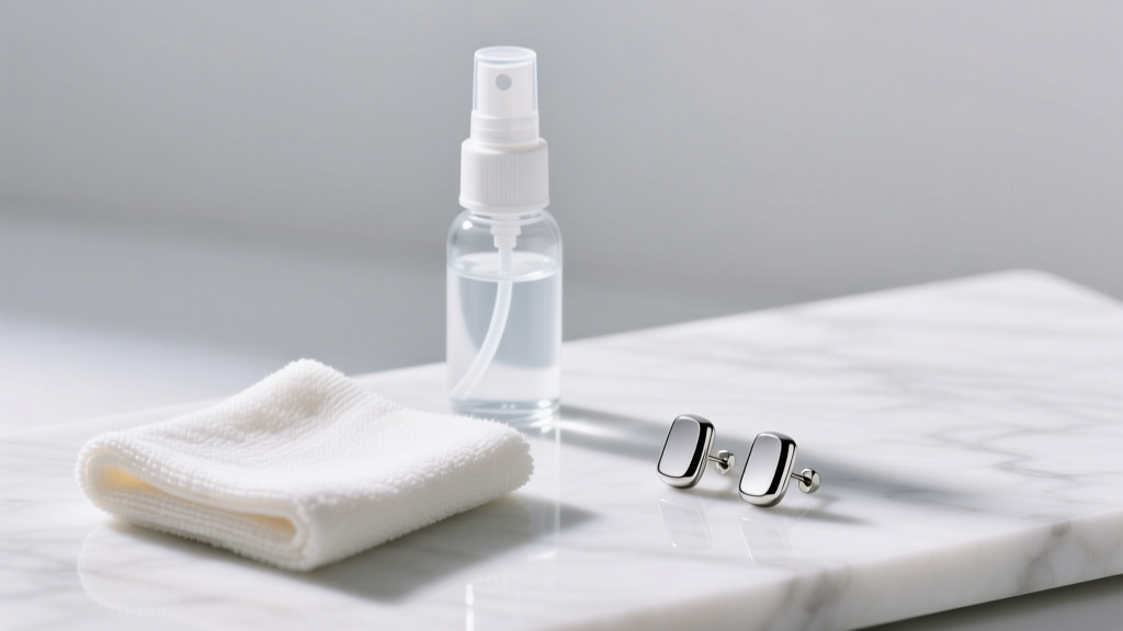 Sterile saline spray, soft cloth, and PTFE magnetic pressure earrings on a white marble surface under bright studio lighting