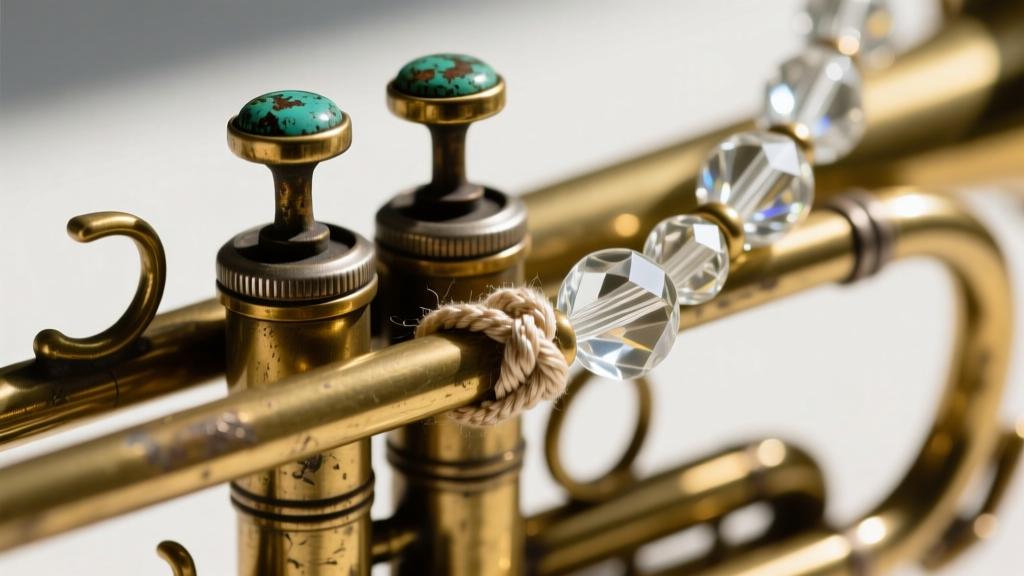 Macro shot of an antique brass trombone clasp securing lead crystal glass beads with oxidized metal caps on a knotted silk thread