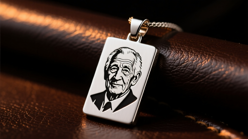 Brushed steel pendant with laser-engraved monochrome portrait resting on dark leather under warm directional studio lighting