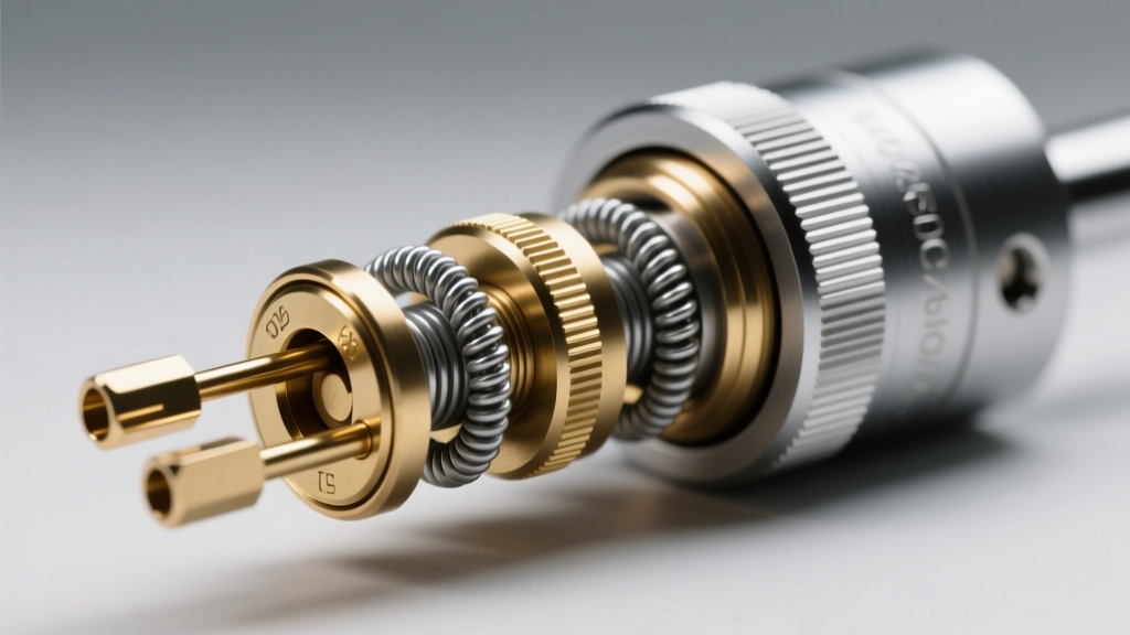 Macro photography of a disassembled 7-pin tubular lock mechanism showing brass pins, springs, and the zinc alloy cylinder housing