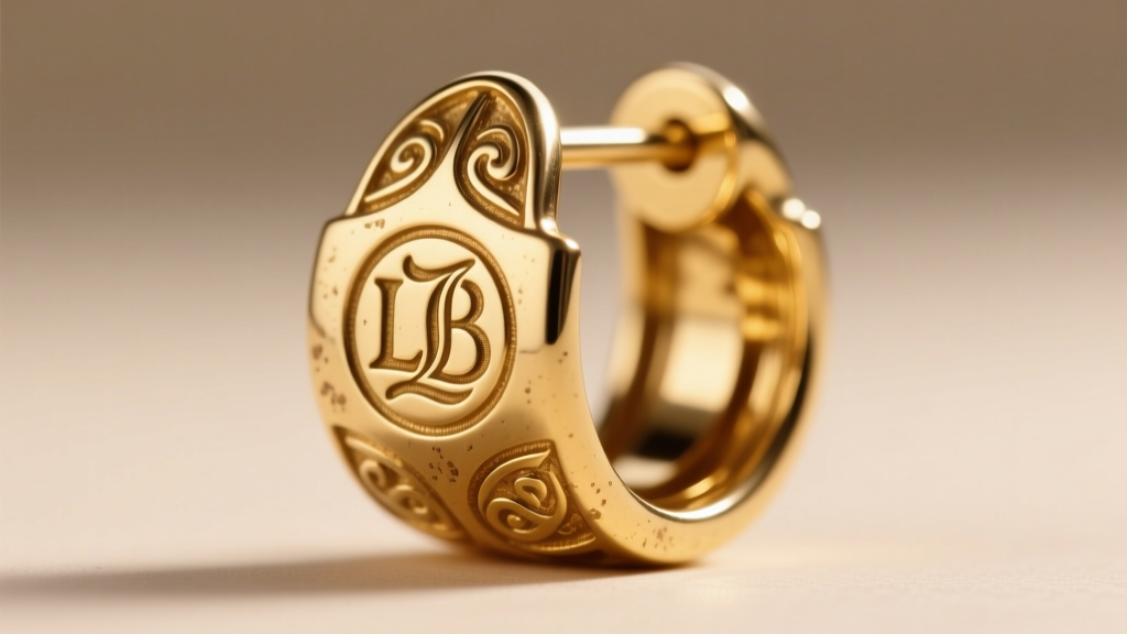 Extreme close-up of the stamped LB hallmark and copyright symbol on the back of a gold-plated vintage Laurel Burch earring.