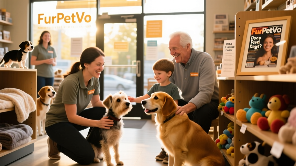 FurPetVo store hosting a dog adoption event with volunteers and adoptable dogs