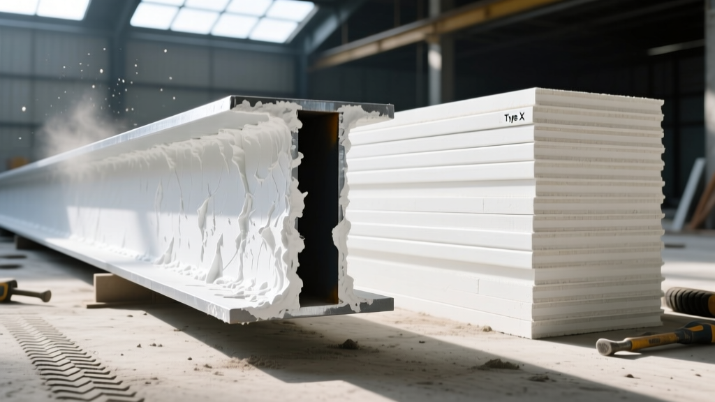 Cross-section of a commercial steel beam coated in thick white intumescent paint alongside stacked Type X gypsum boards on a construction site