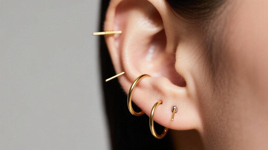 Gold 20-gauge thread earring passing through helix and lobe piercings, illuminated by soft, warm directional studio lighting