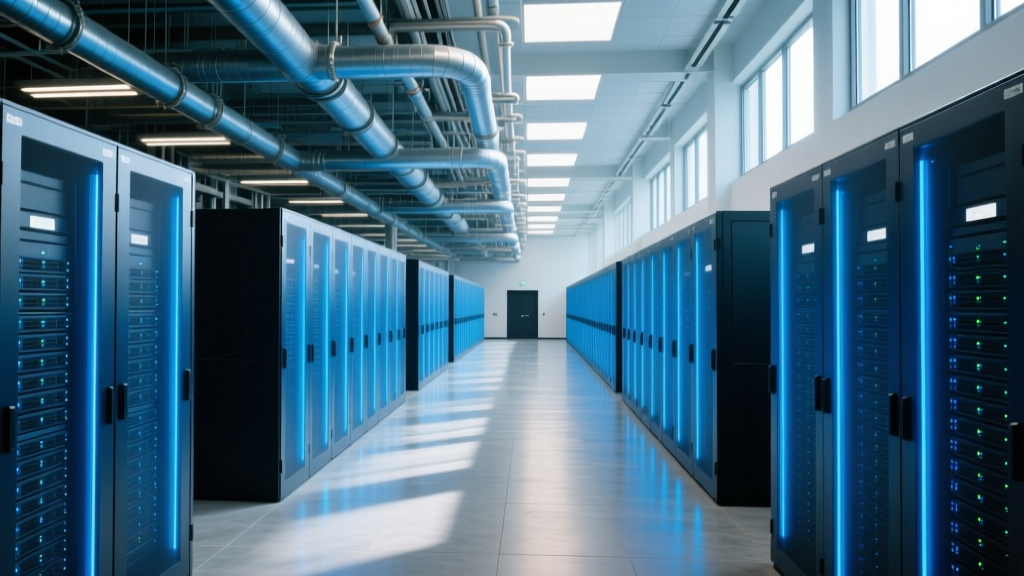 Wide-angle interior view of a Tier III enterprise data center with hot-aisle containment, blue LED server racks, and overhead liquid cooling piping