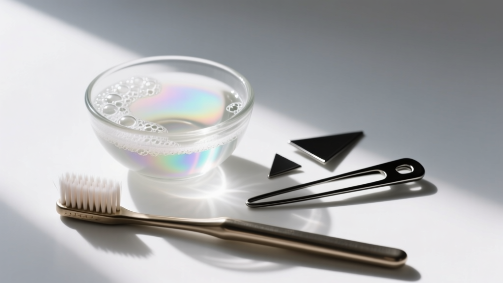 Small glass bowl with gentle soapy solution and a soft-bristled toothbrush resting beside a disassembled black steel hairpin.
