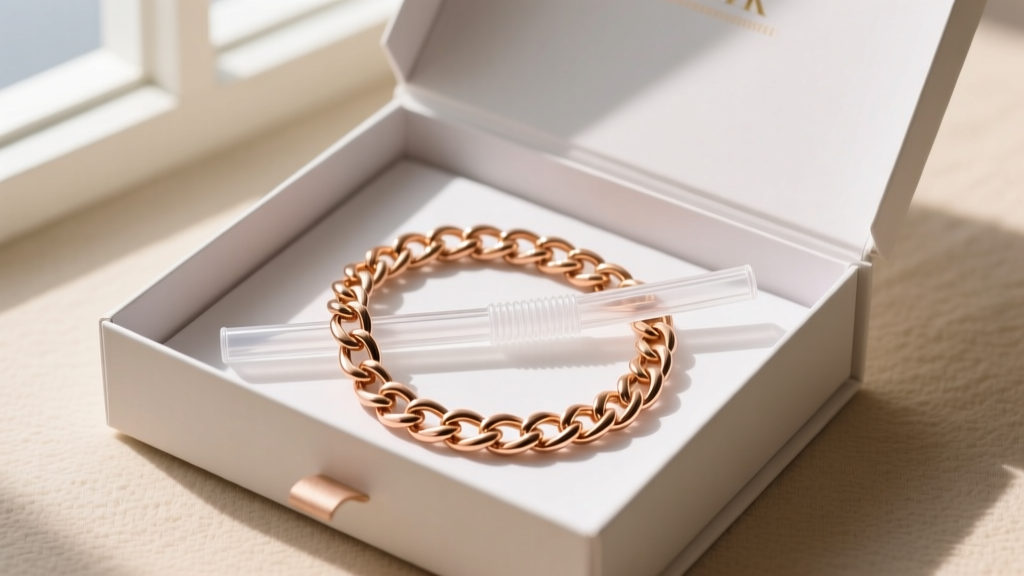 Open gift box revealing a 14k rose gold box chain threaded through a clear silicone anti-tangle jewelry straw for safe storage