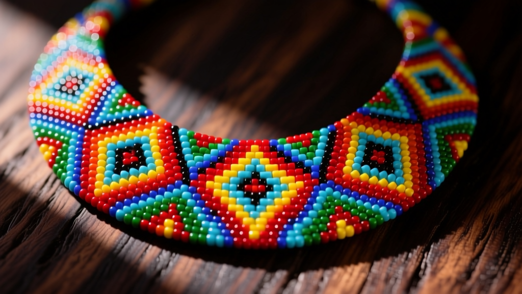 Close-up of a vibrant Huichol Mexican beaded necklace with size 11/0 Czech seed beads in geometric patterns on dark wood.