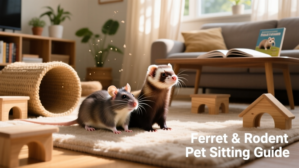 A rat and ferret playing together safely in a supervised living room setup with tunnels and soft mats