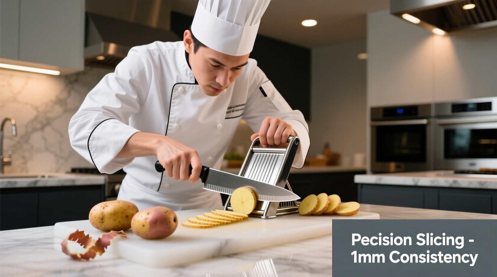 Professional chef using mandoline slicer for uniform potato chips