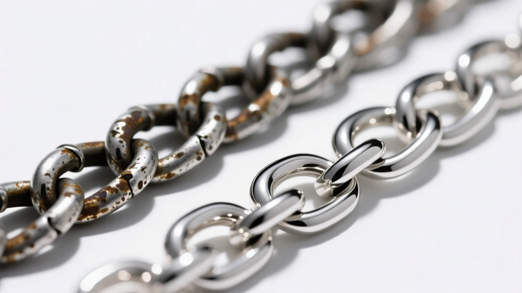 Macro shot of tarnished sterling silver rope chain links next to polished rhodium-plated silver links under bright studio lighting.