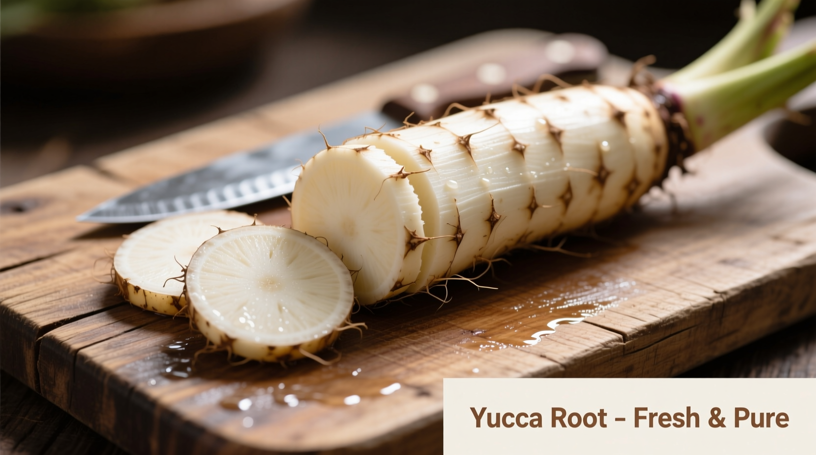 Freshly peeled yucca roots on wooden cutting board