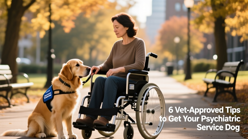 Service dog giving assistance to disabled person on wheelchair
