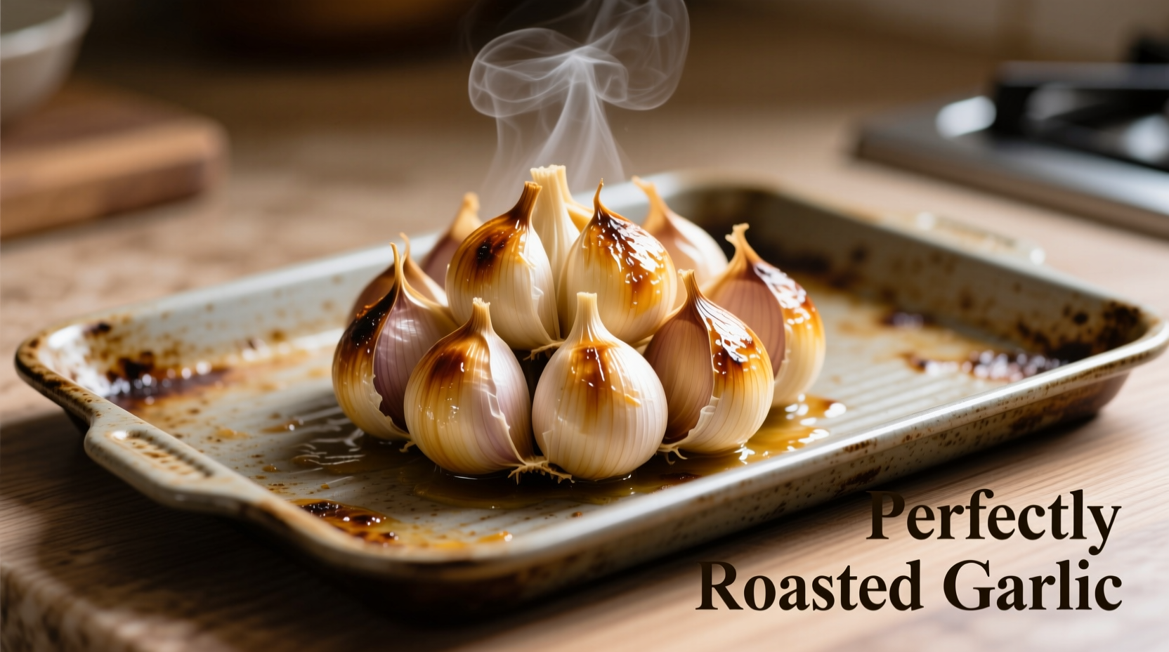 Perfectly roasted garlic cloves on baking sheet