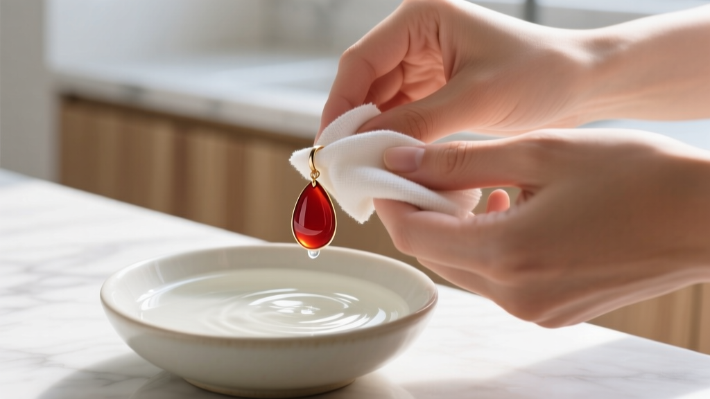 Hands wiping a teardrop carnelian earring with a microfiber cloth over a ceramic bowl of mild soapy water in bright natural light
