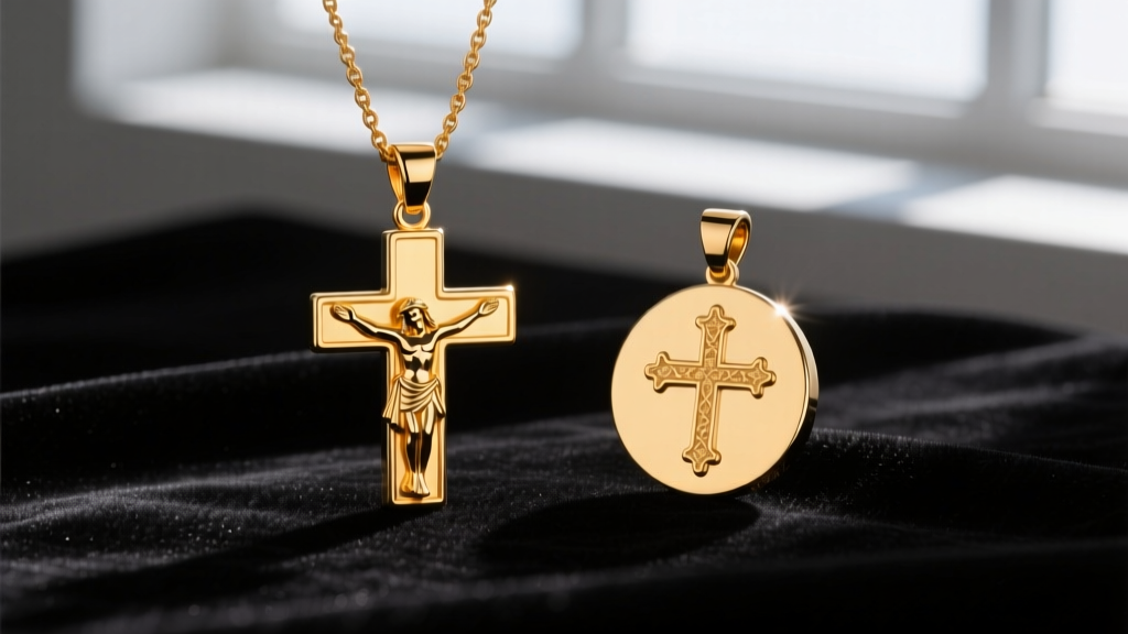 Studio photo comparing the rich hue of an 18k gold Jesus pendant against the paler tone of a 14k gold version on dark velvet.