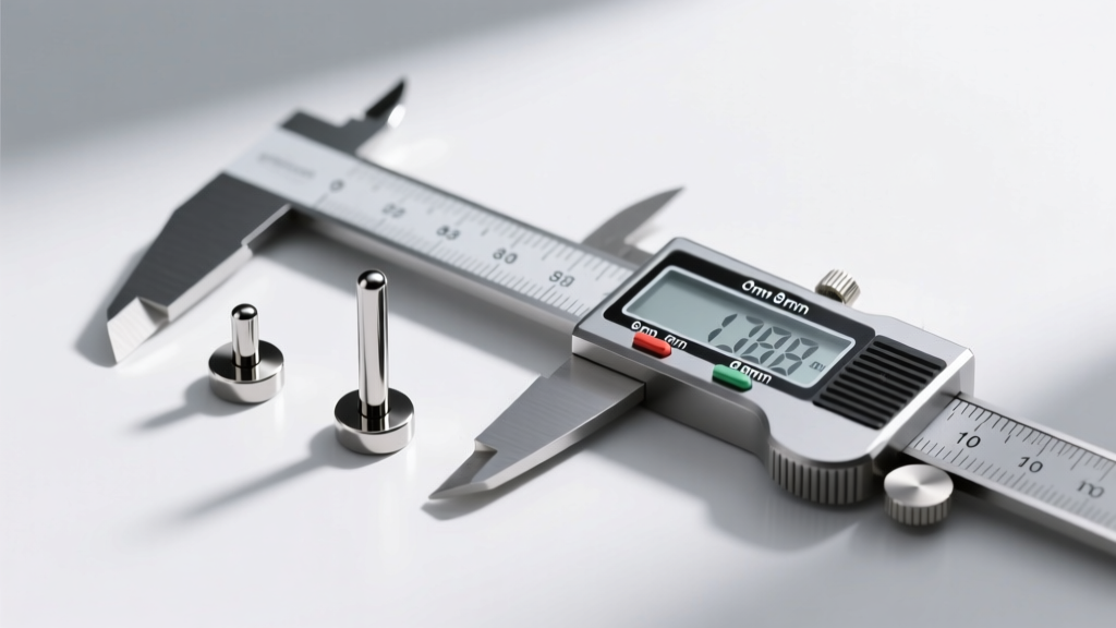 A flat lay of three titanium labret studs with varying post lengths of 6mm, 8mm, and 10mm next to a digital millimeter caliper.