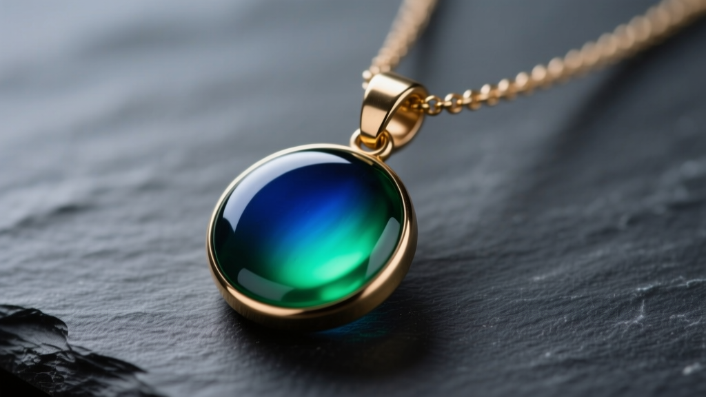 Close-up of a brass mood necklace pendant shifting from deep blue to vibrant green on dark slate with soft studio lighting