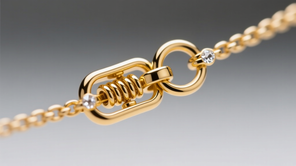 Macro shot of a 5mm gold lobster clasp attached to a 1.5mm rope chain, highlighting the spring mechanism and jump ring detail.