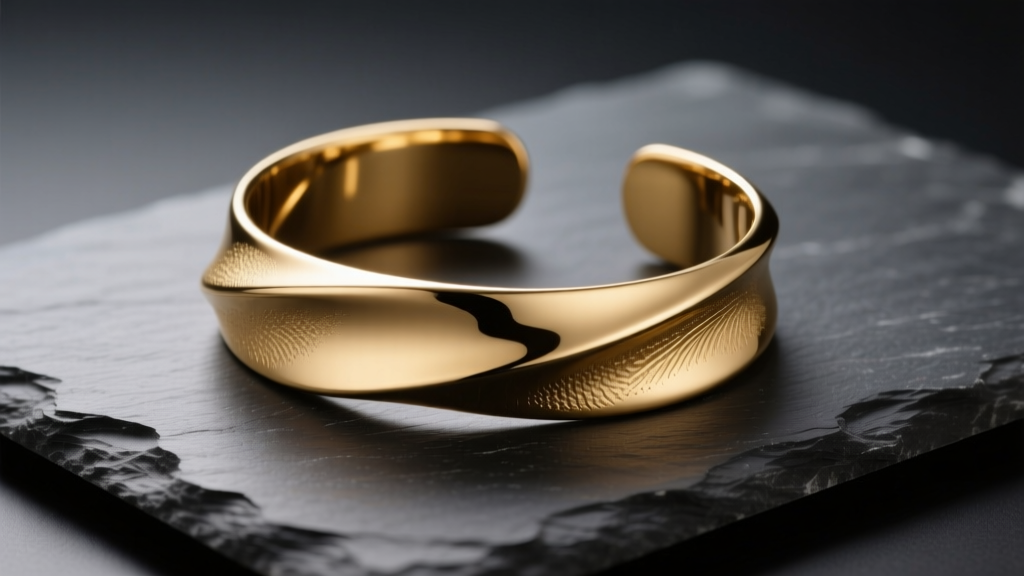 A sculptural 14k recycled gold cuff bracelet with a matte finish resting on dark slate under soft, directional studio lighting.