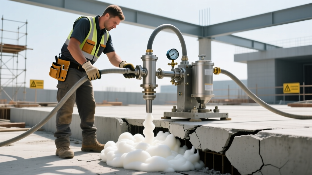 Contractor injecting high-density polyurethane foam under a cracked concrete slab using a dual-component proportioning rig