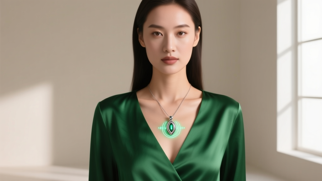 Woman wearing a Vesper vibrating pendant over a green silk V-neck blouse, showing ideal collarbone placement for haptic feedback.