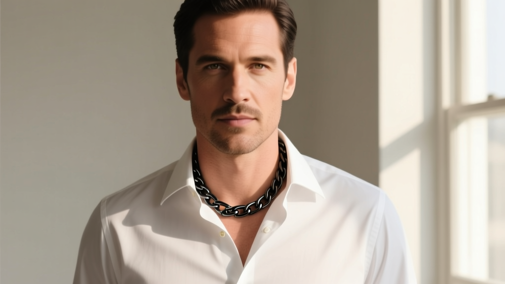 Man wearing a white button-down shirt with a 22-inch matte black titanium chain resting just above the second unbuttoned collar gap