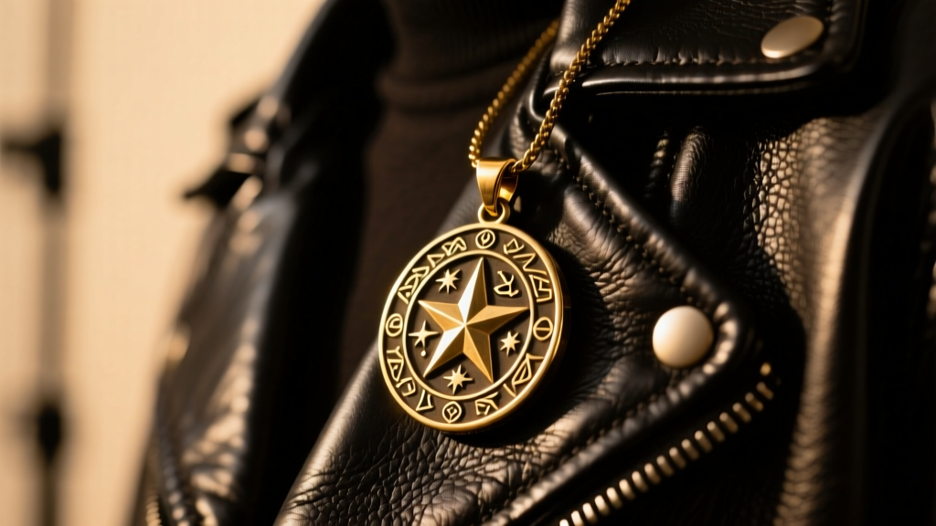 Detailed macro shot of a brass Star Lord celestial pendant on a leather jacket under warm cinematic lighting
