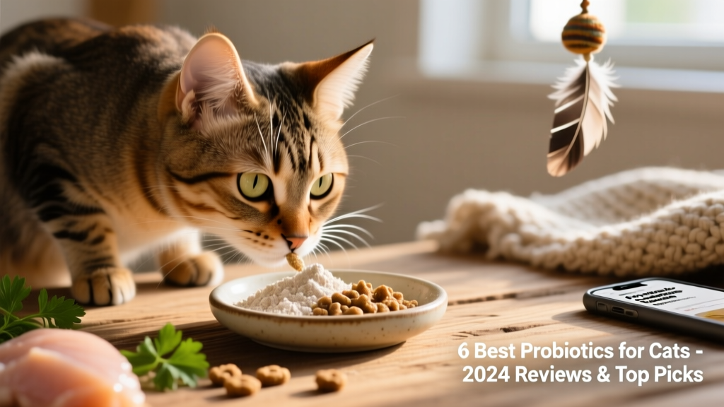 Close-up of a healthy, curious cat sniffing a small dish of probiotic powder mixed into wet food