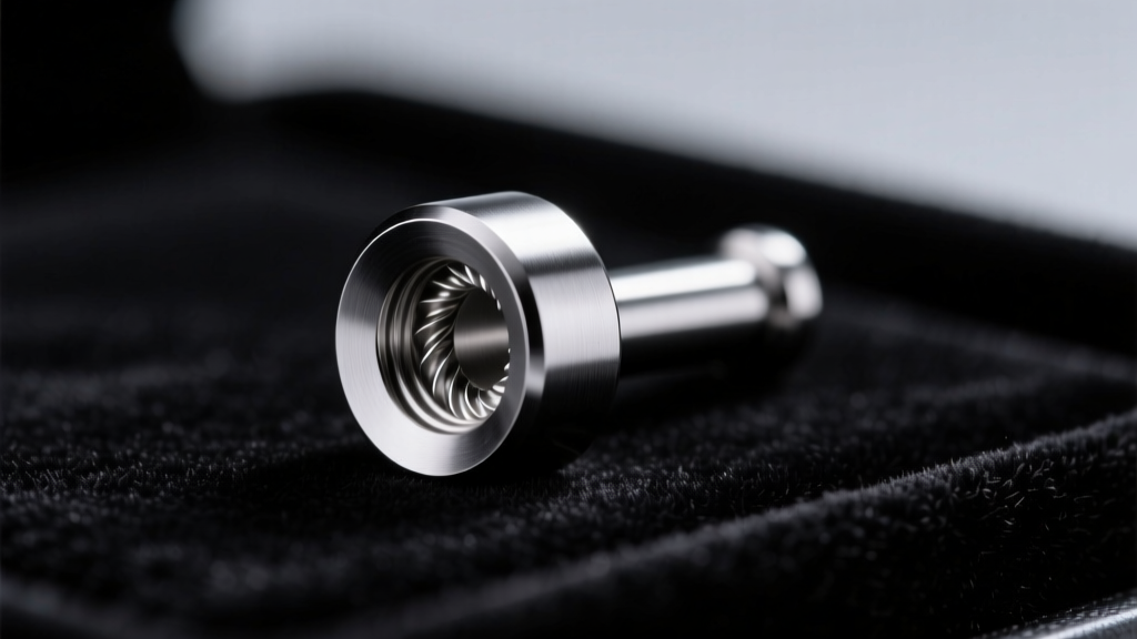 Close-up of polished ASTM F136 titanium labret stud with internal threading, resting on dark velvet under soft studio lighting.