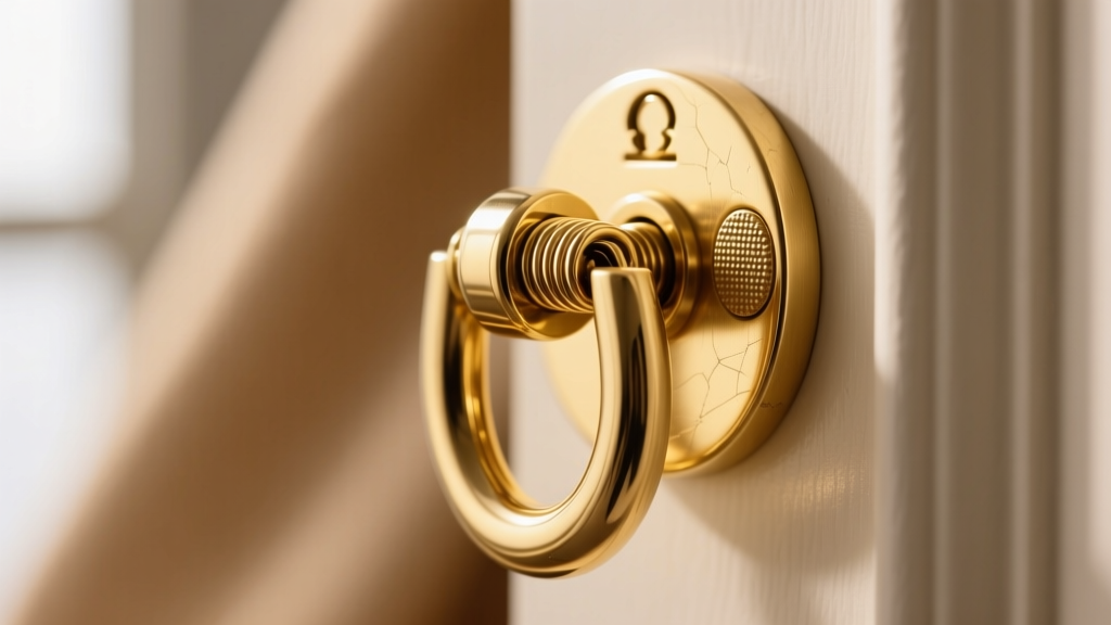 Detailed view of an omega-back clasp on a thick gold door knocker earring, showing tension spring and friction pad mechanics.