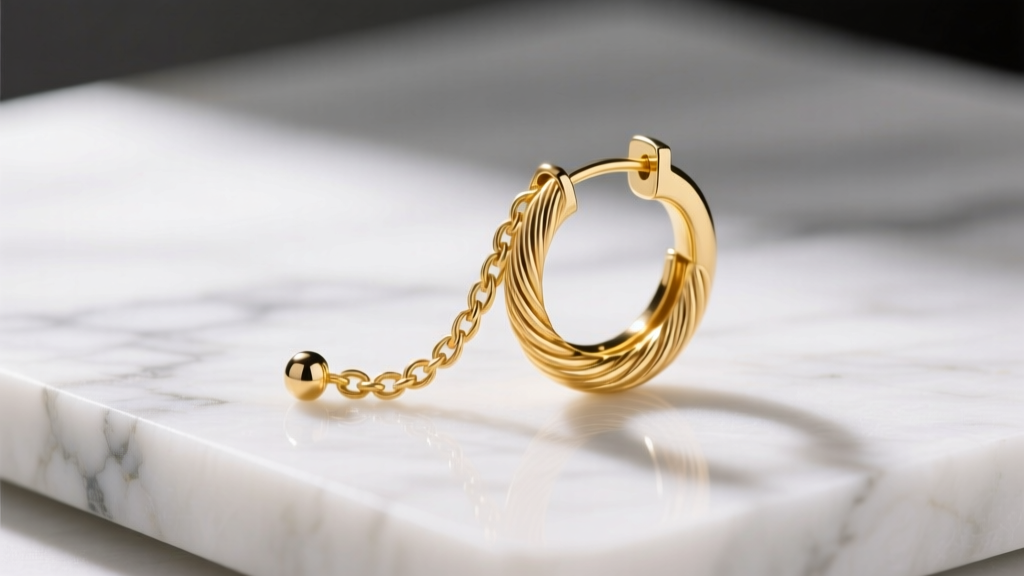 Macro shot of 14k yellow gold hoop chain earrings with a cable chain connecting a front stud to a rear cuff on marble