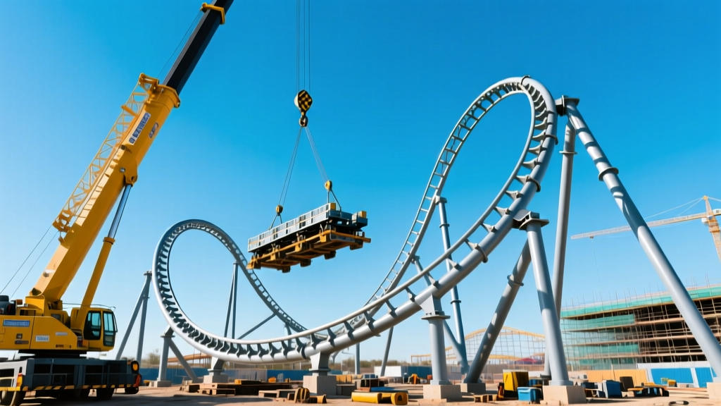 Massive steel roller coaster track pieces being lifted by a crane into place against a bright blue sky at an amusement park construction site