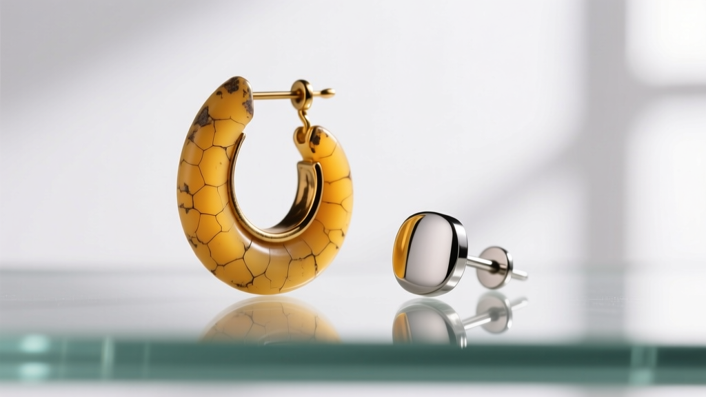 Macro shot of a yellowed, micro-cracked vintage celluloid earring resting beside a polished modern titanium stud earring on glass.