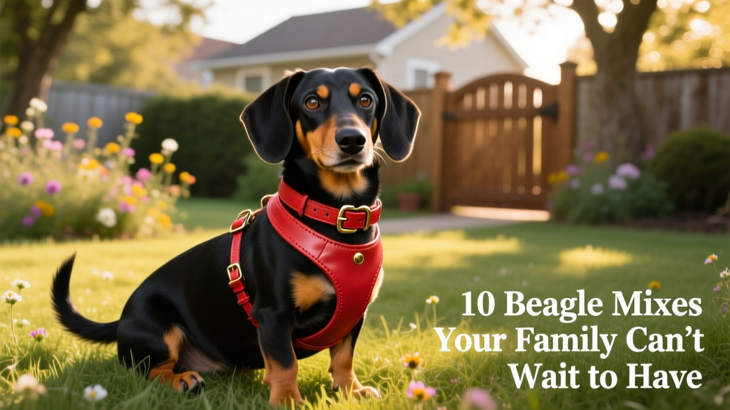 black and tan doxle sitting in the grass wearing a red harness
