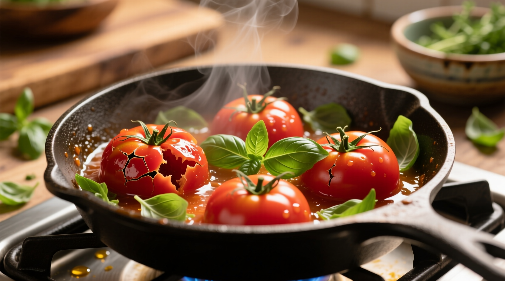Fresh tomatoes simmering in a skillet with basil