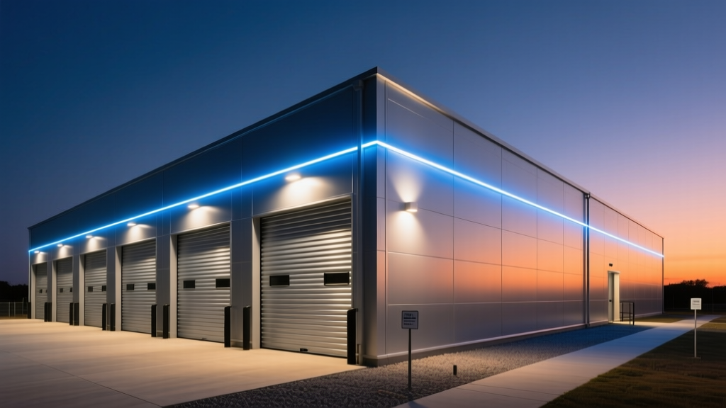 Exterior of a newly constructed climate-controlled self-storage facility with steel roll-up doors and modern LED facade lighting at dusk
