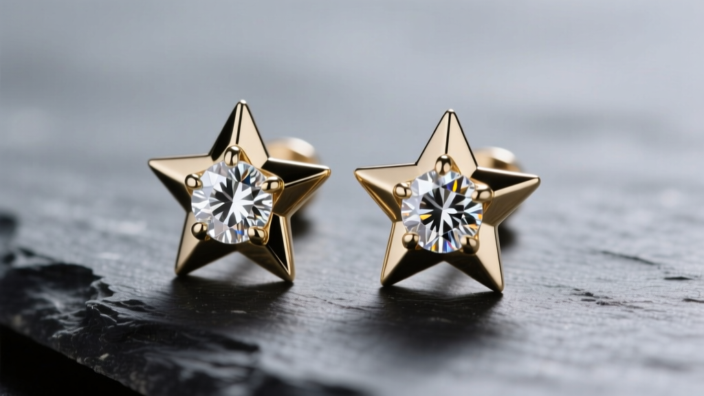 Close-up of 14k white gold star diamond stud earrings resting on dark slate, highlighting the sharp points and brilliant facets.