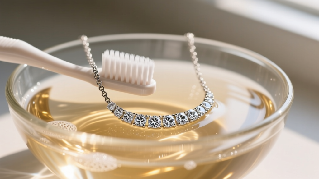 Soft toothbrush scrubbing the underside of a platinum graduated diamond tennis necklace over a glass bowl of warm soapy water