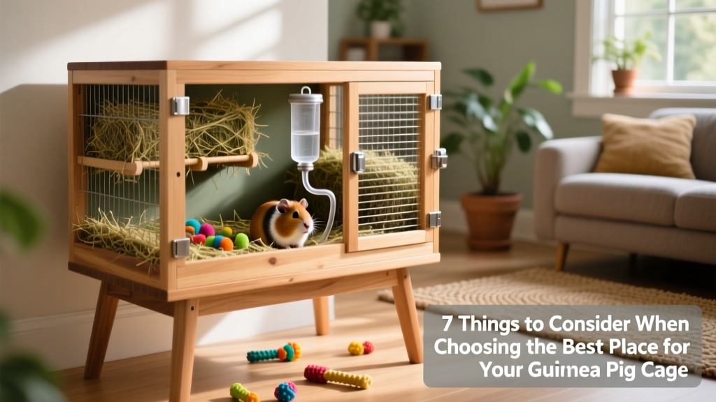 A FurPetVo C&C-style guinea pig cage on a sturdy, waist-height stand, with toys, hay rack, and water bottle visible