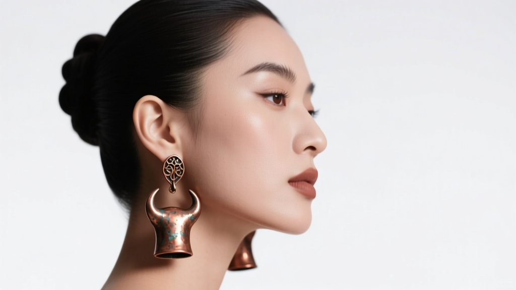 Side profile of a woman with an updo showcasing oxidized copper cowbell earrings, highlighting the jawline in soft studio lighting.