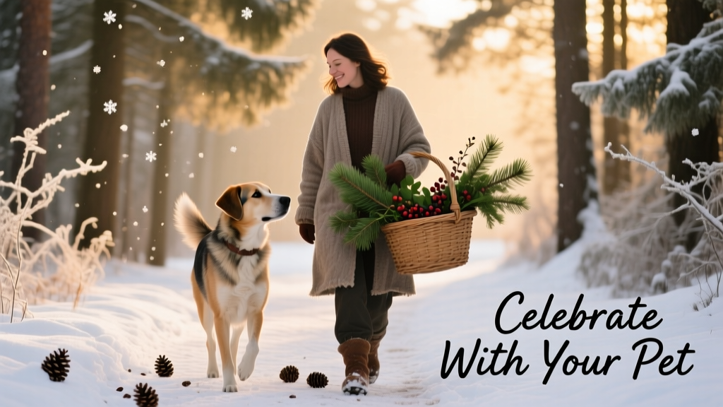 Dog and person walking side-by-side on a snowy forest path, carrying foraged greenery and pinecones