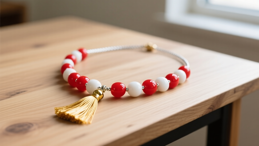Vibrant graduation candy necklace with red and white mints on silver wire and a gold tassel pendant resting on a wooden desk.