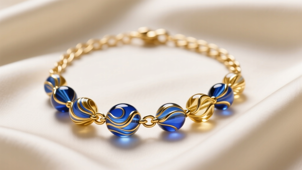 Close-up of a gold chain necklace with vibrant blue and gold Murano glass beads resting elegantly on a cream silk fabric background.