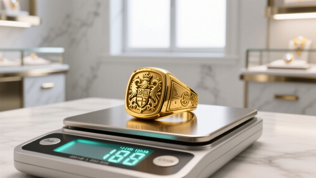 Close-up of a digital jewelry scale weighing a vintage 18k yellow gold signet ring in a well-lit, high-end gemological appraisal room.